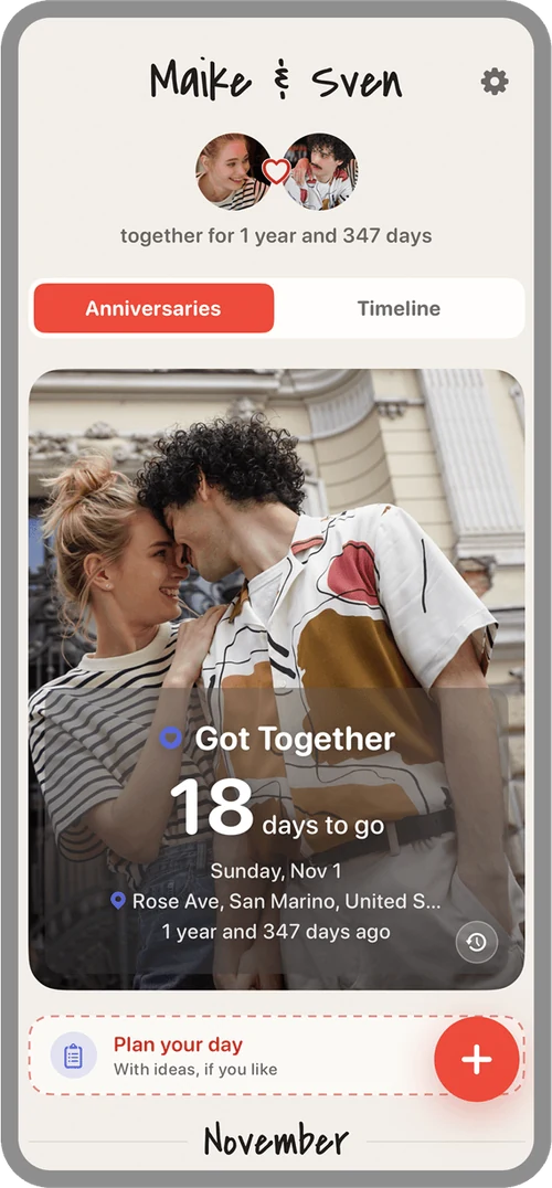 Home screen with the countdown to the next anniversary and the “Plan your day” card