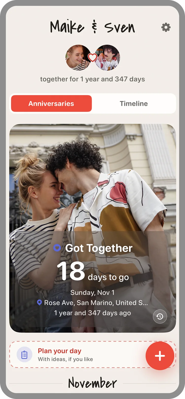 Home screen for Maike and Sven: the next anniversary, “Got Together,” is 18 days away on Sunday, November 1, with the “Plan your day” card below