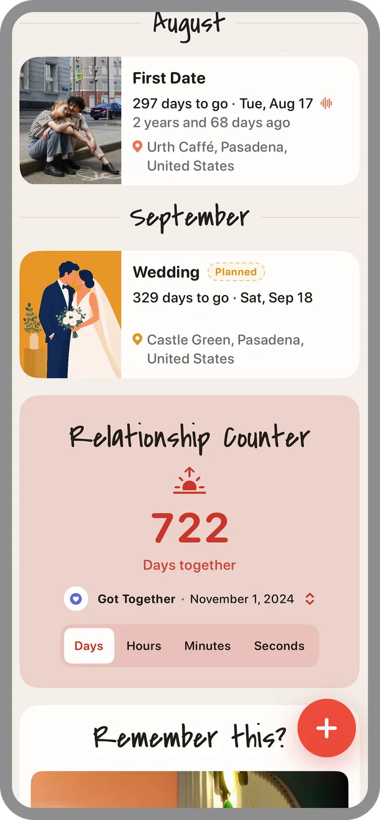 Upcoming days in August and September, followed by the Relationship Counter: 722 days together, counted from Got Together on November 1, 2024
