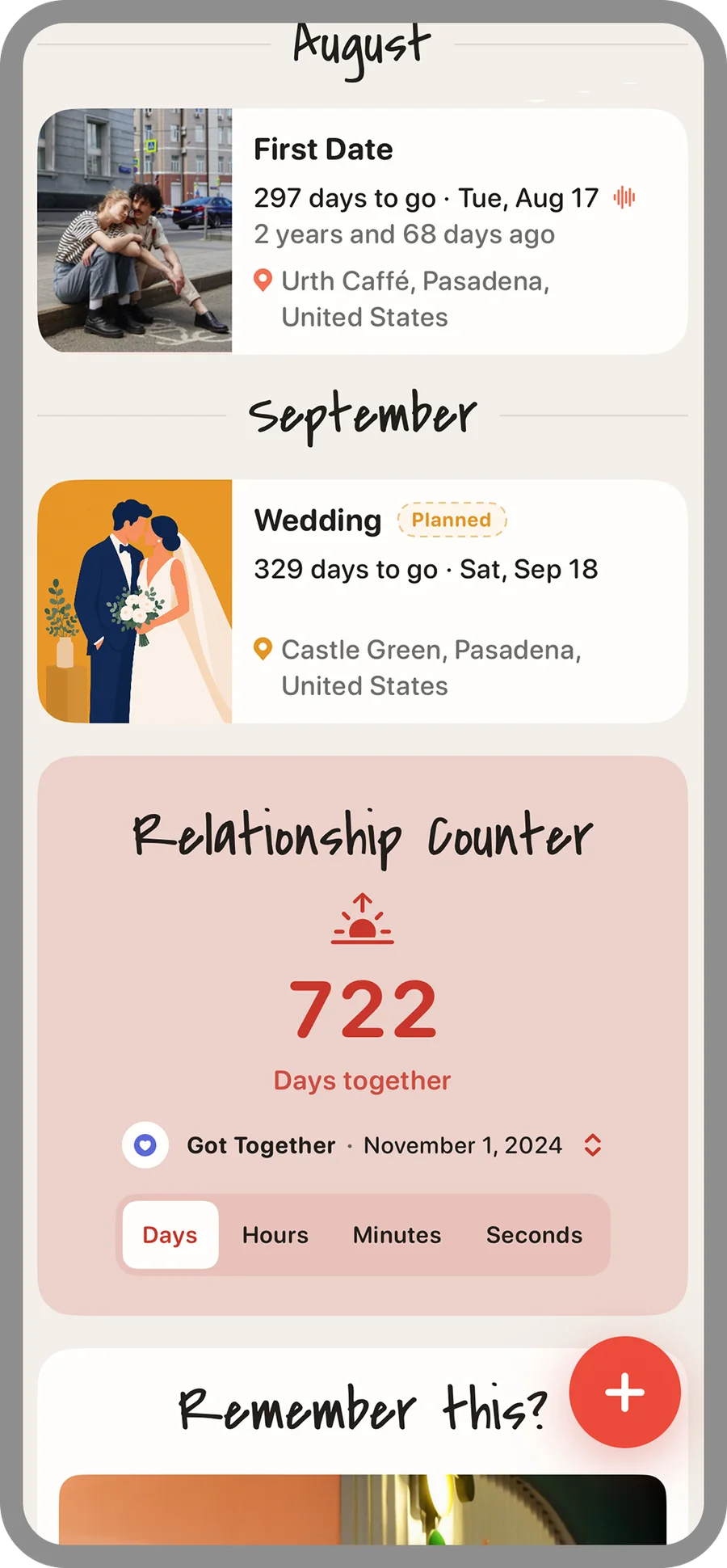 The Relationship Counter showing 722 days together, counted from Got Together; above it, upcoming days in August and September
