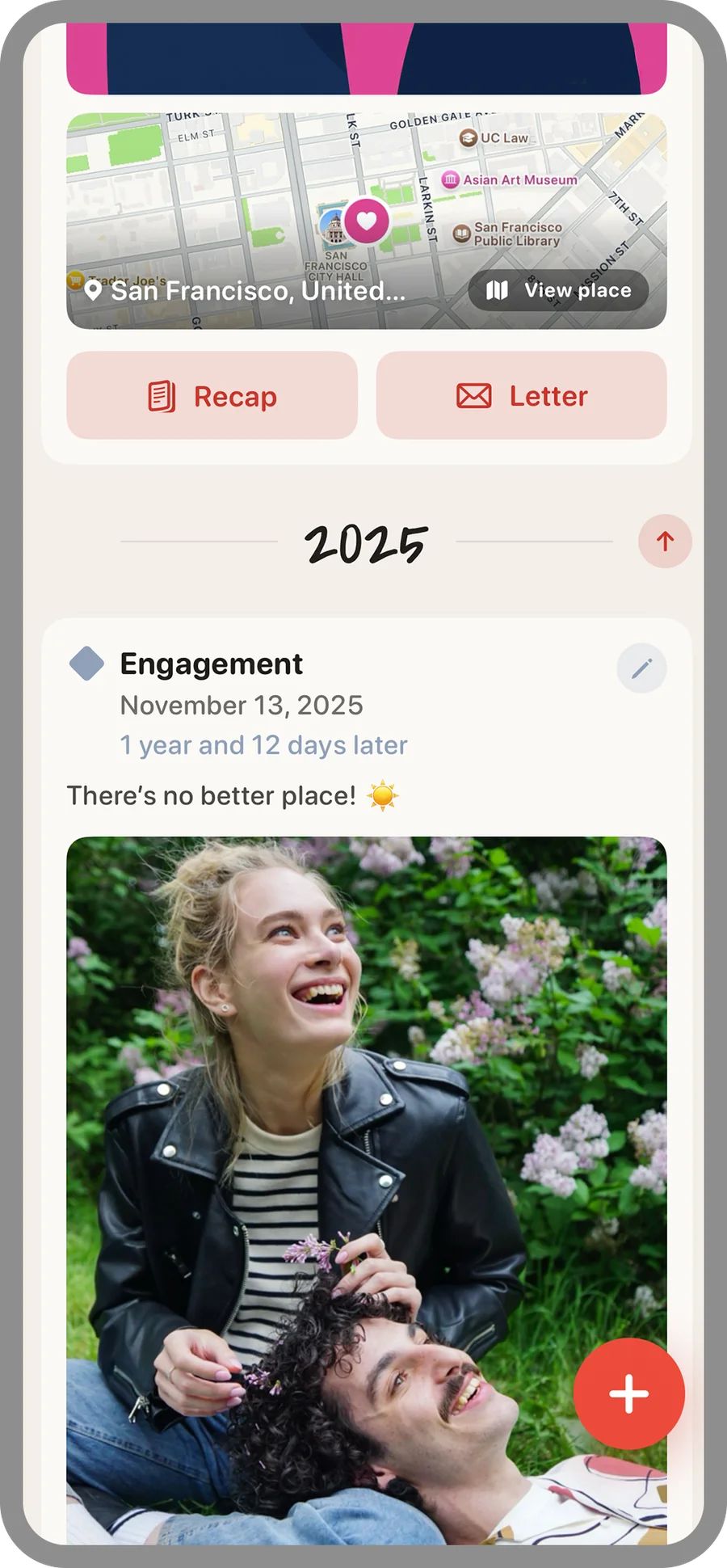 Timeline with a map, the “Recap” and “Letter” buttons, and the engagement entry