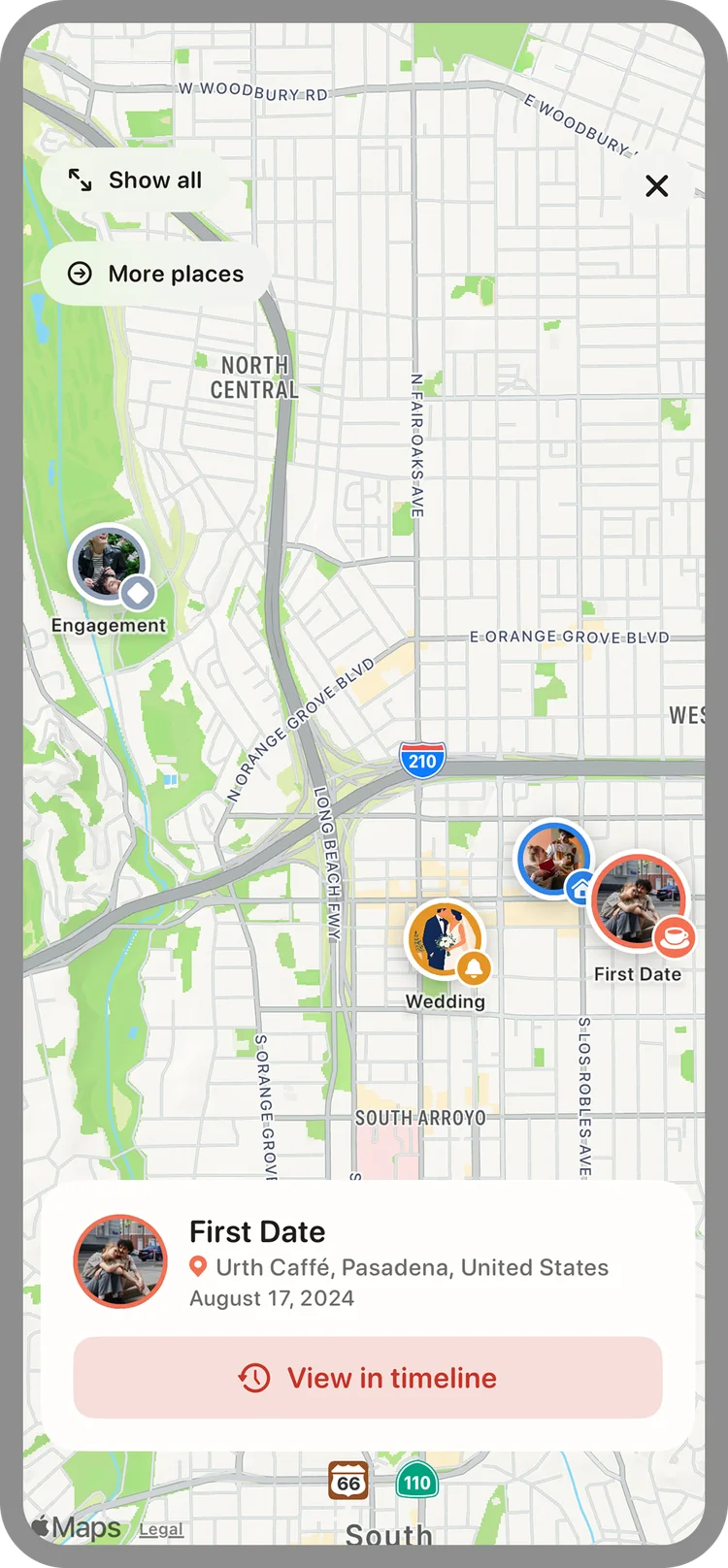 Map of Pasadena with round photo pins for First Date, Wedding, and Engagement, and an info card with the “View in timeline” button