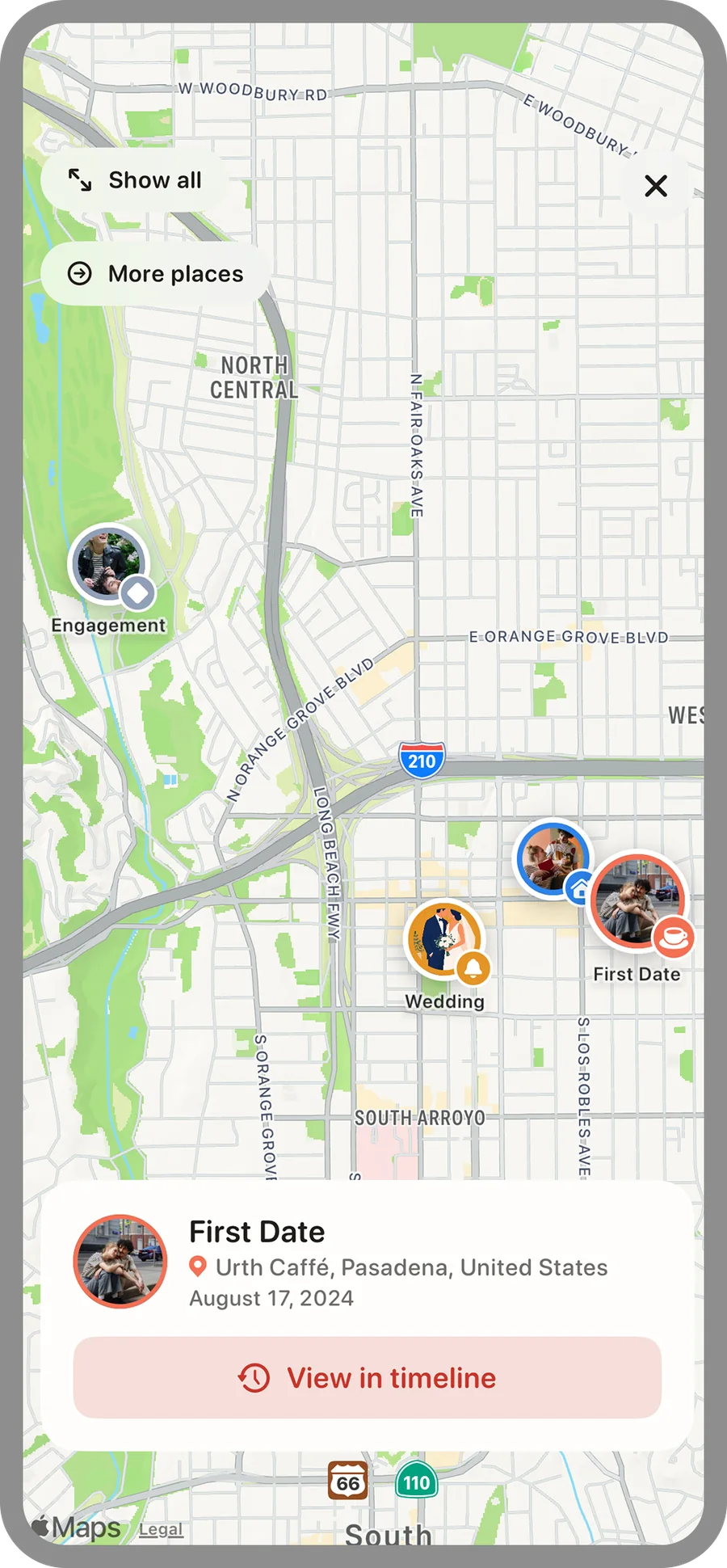 Map with round photo pins for First Date, Wedding, and Engagement, and an info card with “View in timeline”