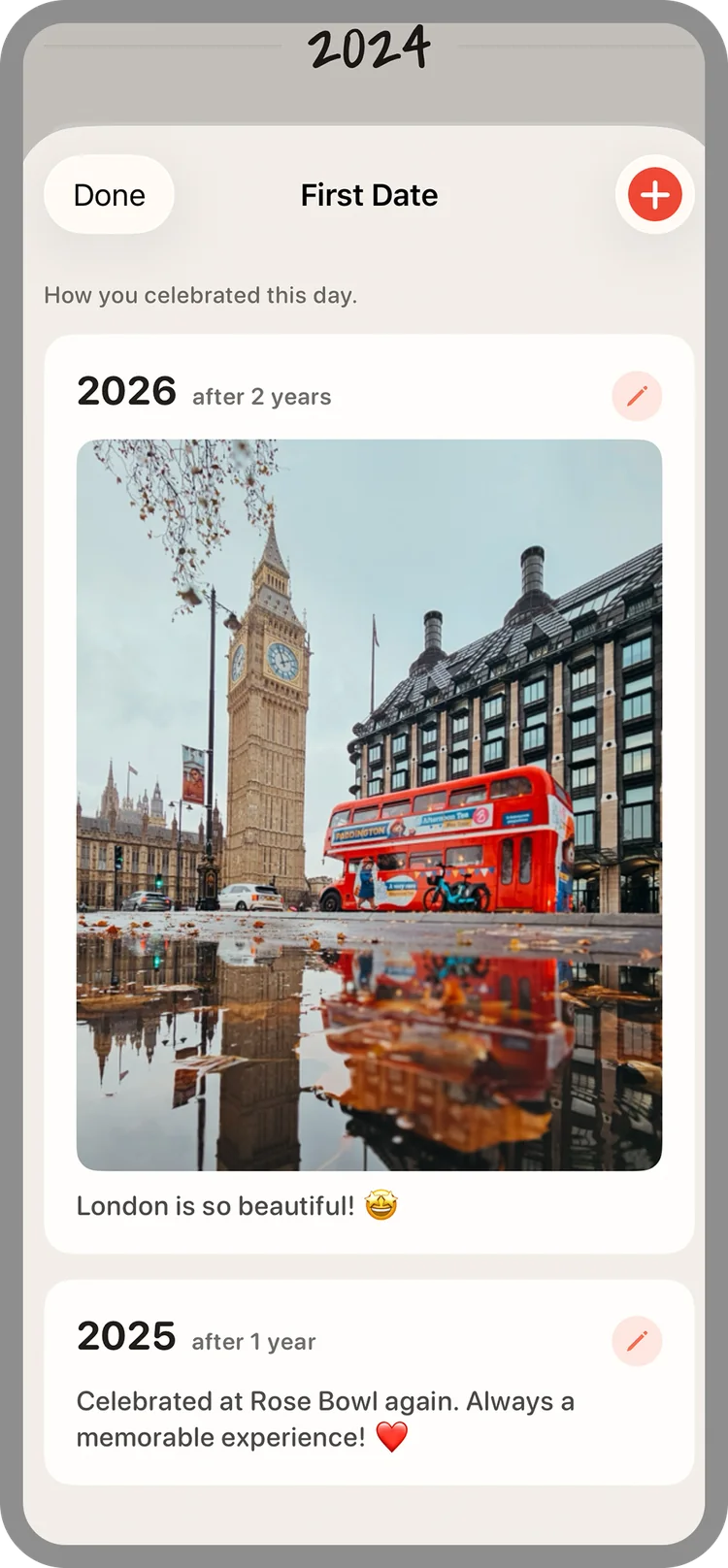 Recaps of the first date: 2026 with a photo from London, 2025 with a note