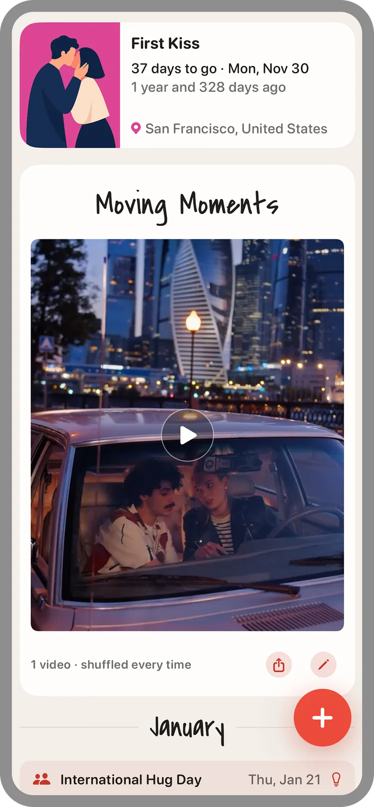 The “Moving Moments” tile with a video and play button, the first kiss above it and International Hug Day below