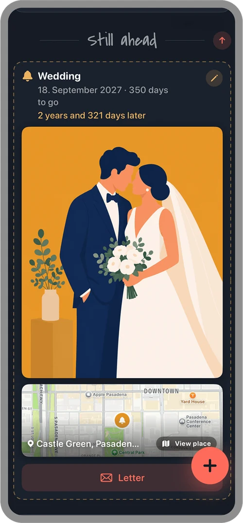 The planned wedding under “Still ahead” with a button for a letter for later, in the Midnight theme