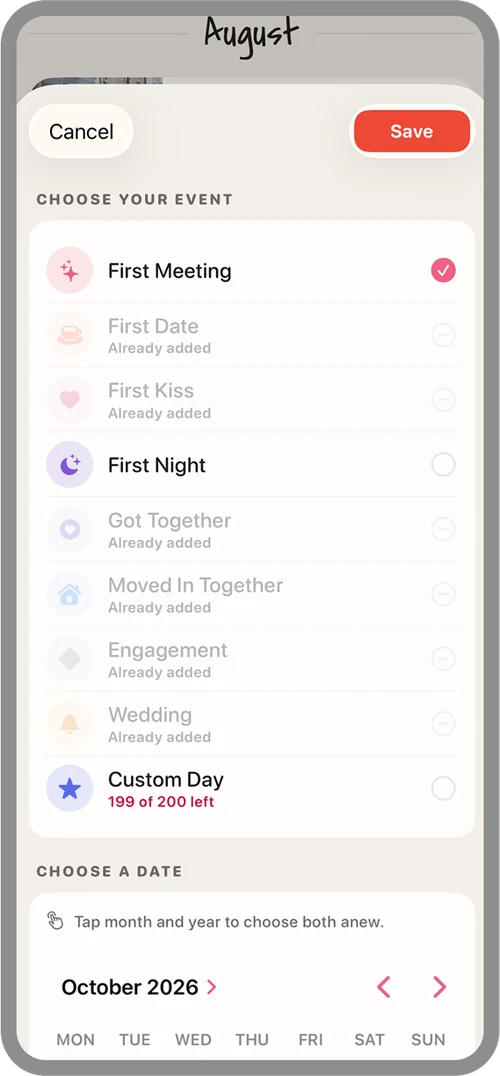 Choosing the event type, from first meeting to wedding or a custom day, and the date