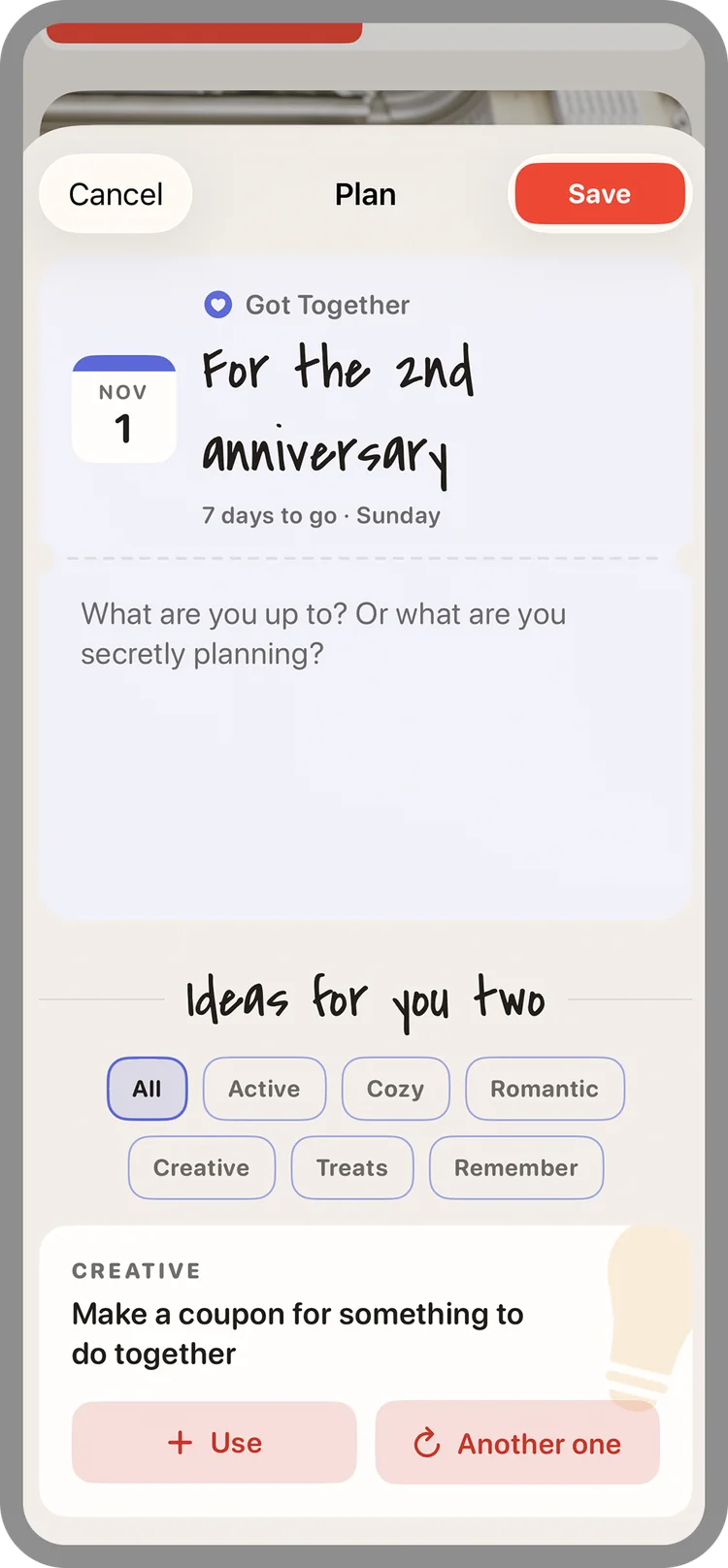 Planning page for the 2nd anniversary as a ticket with a calendar page, followed by “Ideas for you two” with filters and the idea “Make a coupon for something to do together”