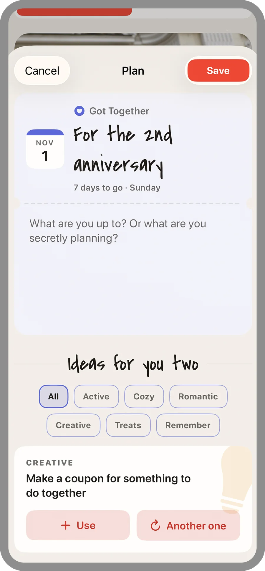 Planning page as a ticket with a calendar page and countdown, followed by “Ideas for you two” with filters
