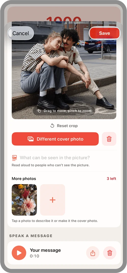 Editing an anniversary: cropped cover photo, image description, more photos, and a voice message