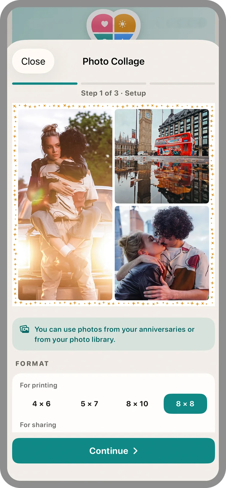 Photo collage, step 1 of 3: three photos in a star frame, with the print sizes 4 × 6, 5 × 7, 8 × 10, and 8 × 8 below
