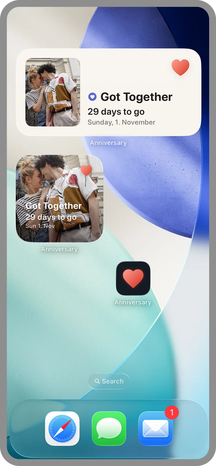 Home Screen with the medium and small widgets—29 days until “Got Together”—and the app icon