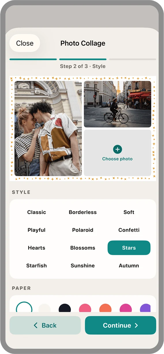 Designing a photo collage: twelve styles and the paper color to choose from