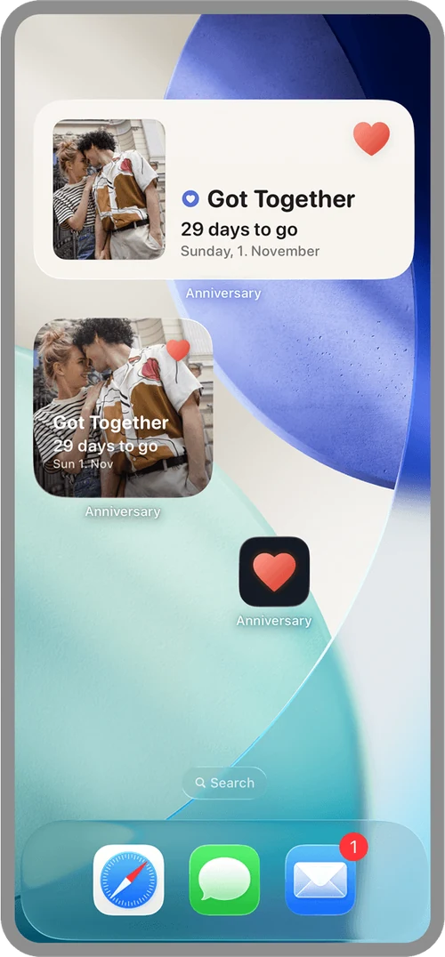 Two widgets, small and medium, and the app icon on the Home Screen